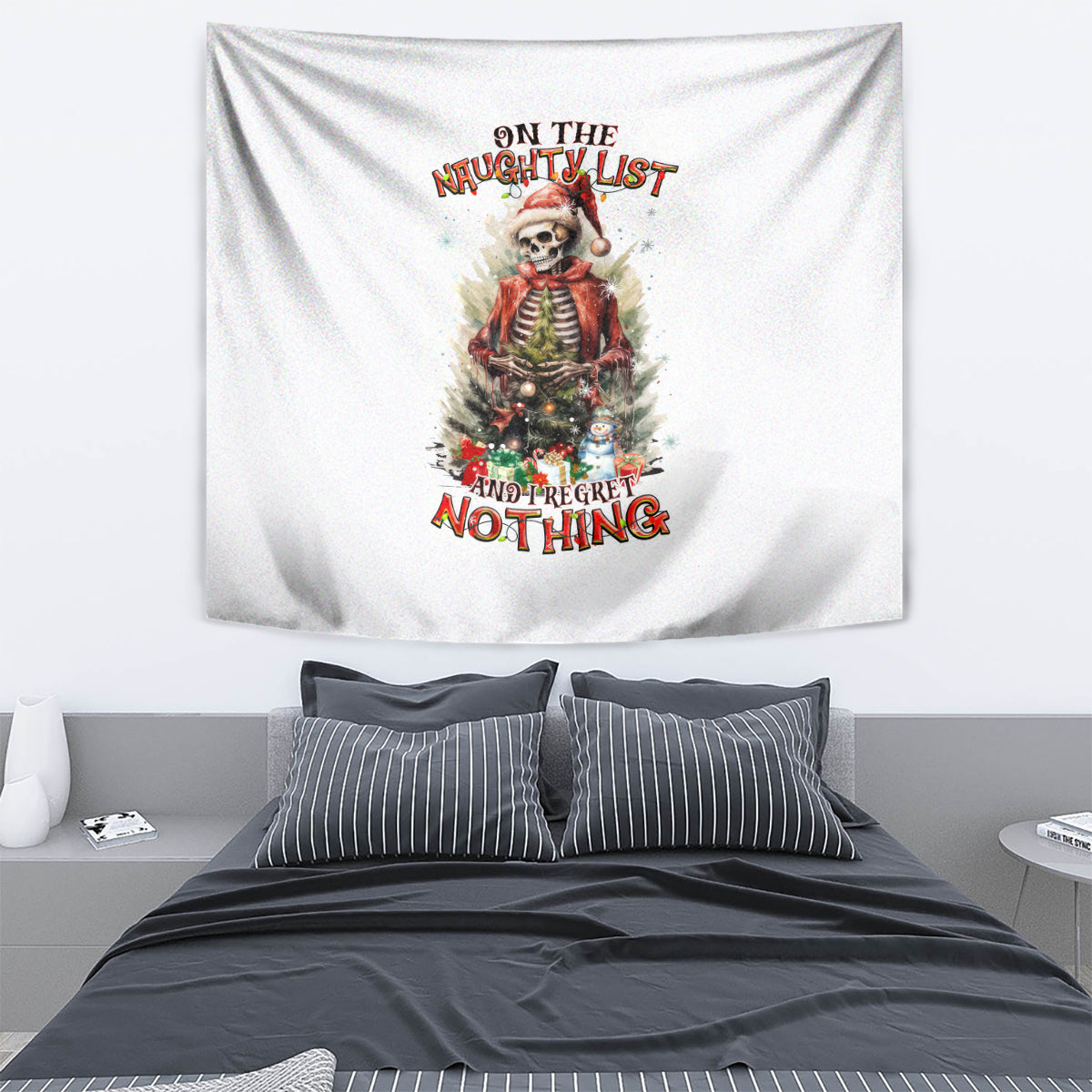 Skeleton Santa Claus Tapestry On The Naughty List And I Regret Nothing - Wonder Print Shop