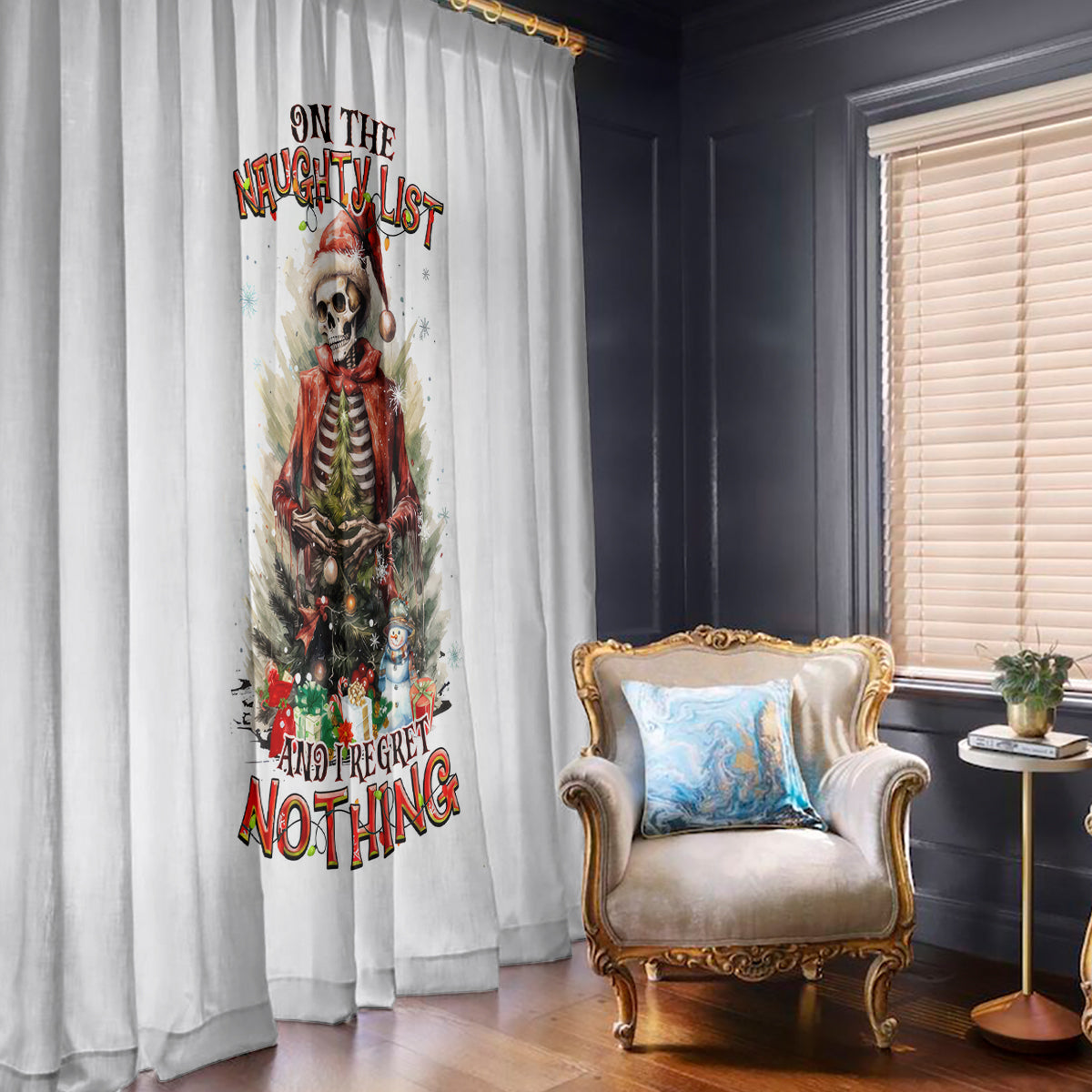 Skeleton Santa Claus Window Curtain On The Naughty List And I Regret Nothing - Wonder Print Shop