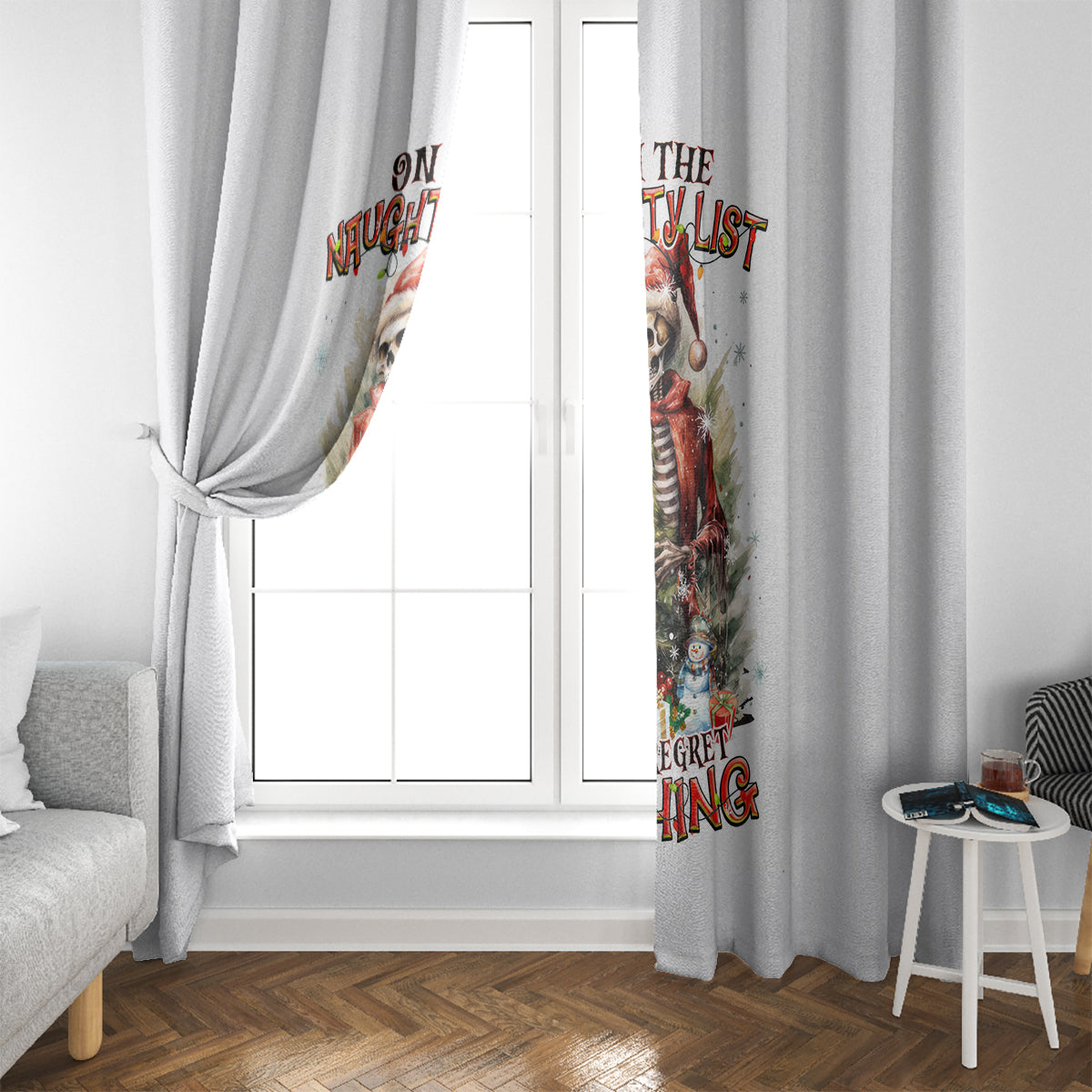 Skeleton Santa Claus Window Curtain On The Naughty List And I Regret Nothing - Wonder Print Shop