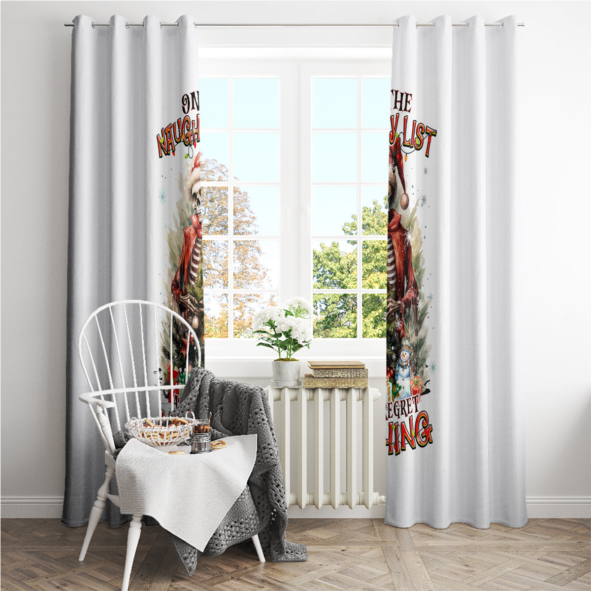 Skeleton Santa Claus Window Curtain On The Naughty List And I Regret Nothing - Wonder Print Shop