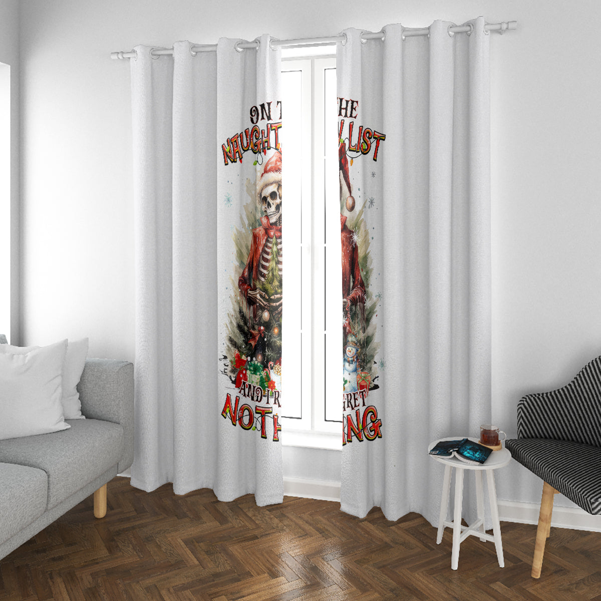 Skeleton Santa Claus Window Curtain On The Naughty List And I Regret Nothing - Wonder Print Shop