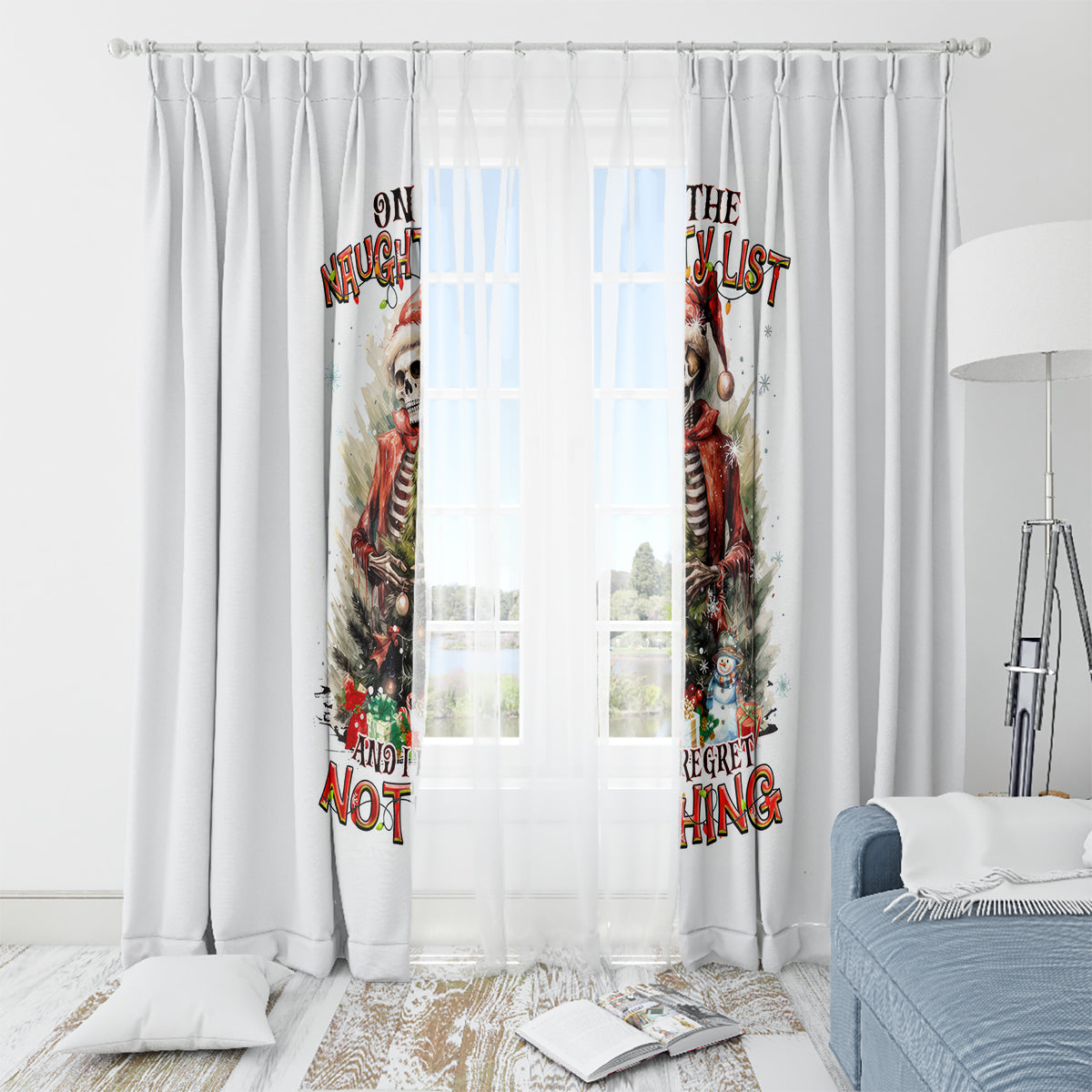 Skeleton Santa Claus Window Curtain On The Naughty List And I Regret Nothing - Wonder Print Shop