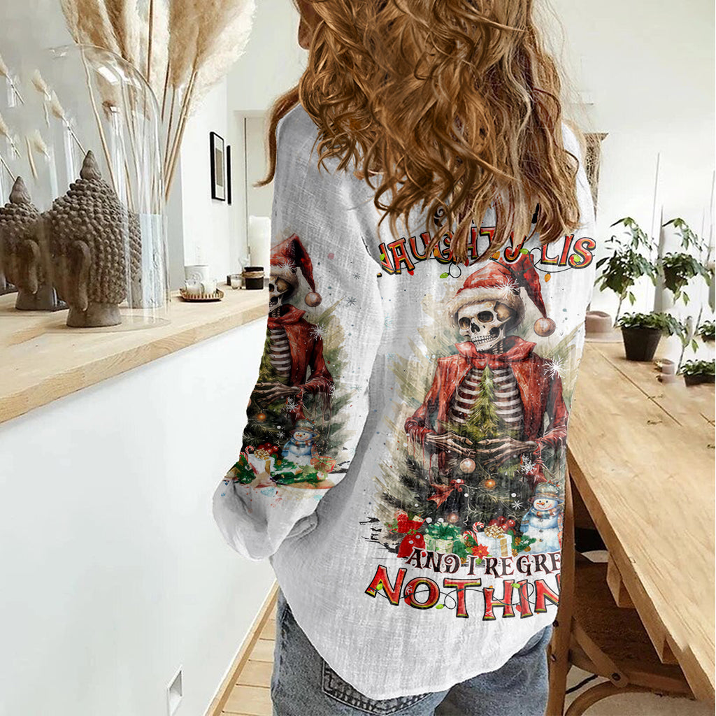 Skeleton Santa Claus Women Casual Shirt On The Naughty List And I Regret Nothing - Wonder Print Shop