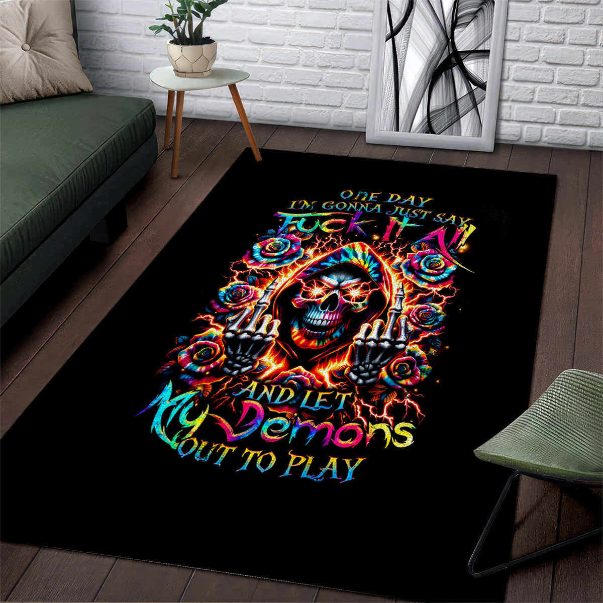 Flower Skull Area Rug One Day Say Fuck Itt All And Let My Demons Out - Wonder Print Shop