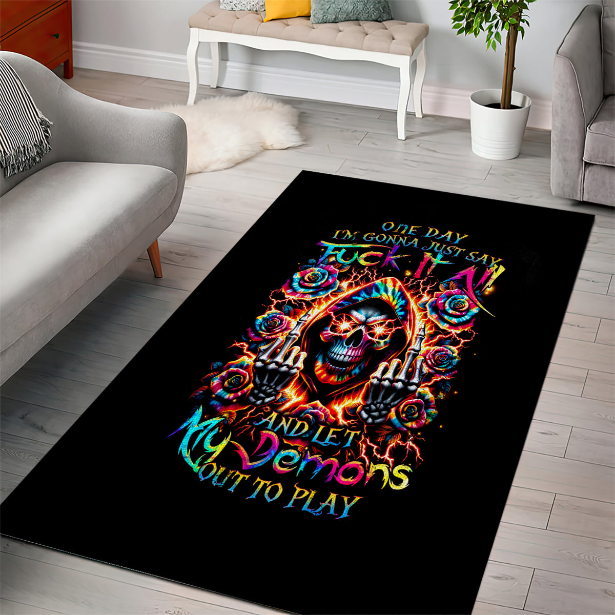 Flower Skull Area Rug One Day Say Fuck Itt All And Let My Demons Out - Wonder Print Shop