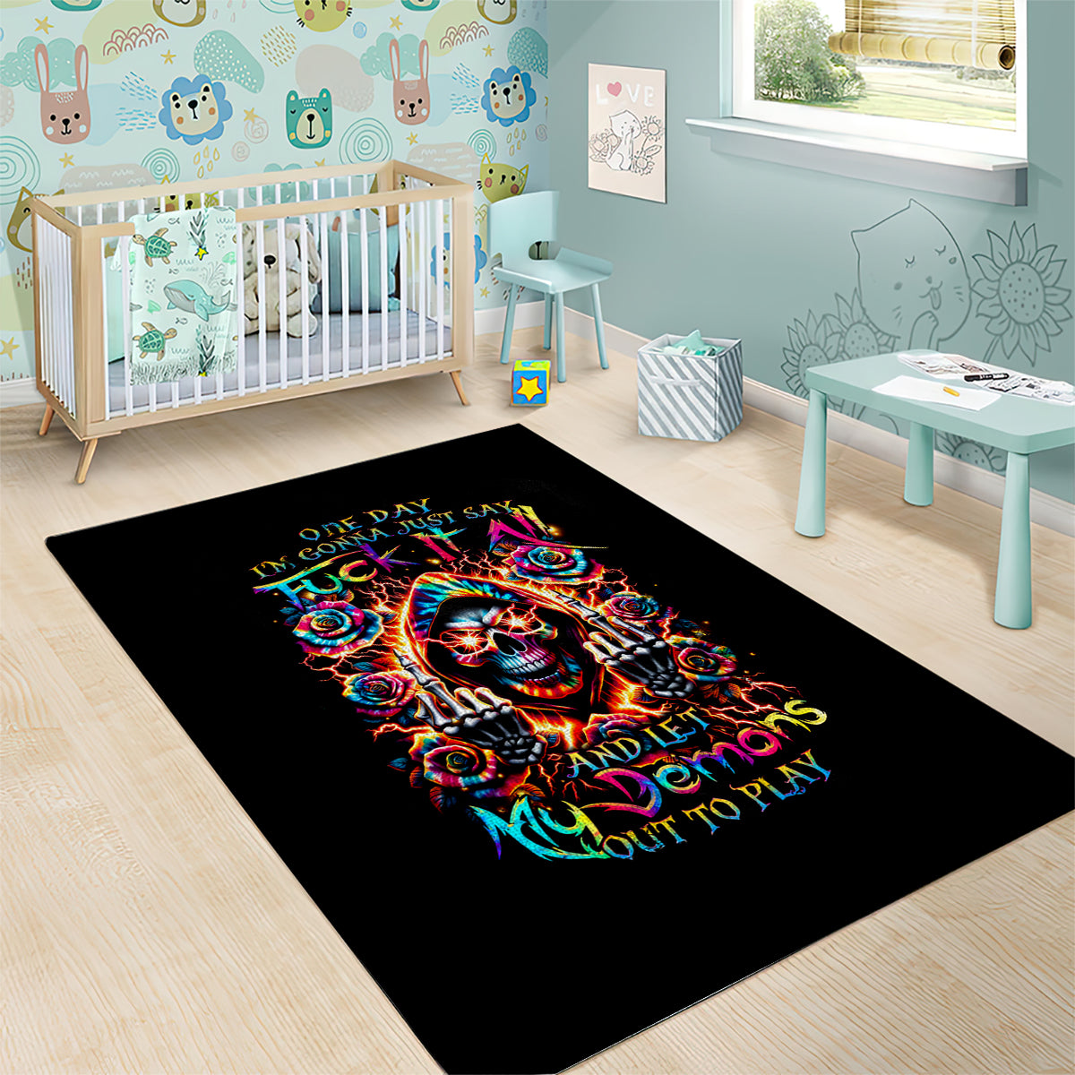 Flower Skull Area Rug One Day Say Fuck Itt All And Let My Demons Out - Wonder Print Shop