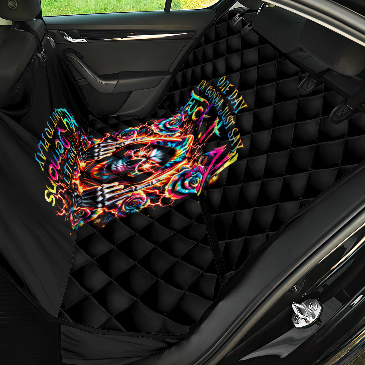 Flower Skull Back Car Seat Cover One Day Say Fuck Itt All And Let My Demons Out - Wonder Print Shop