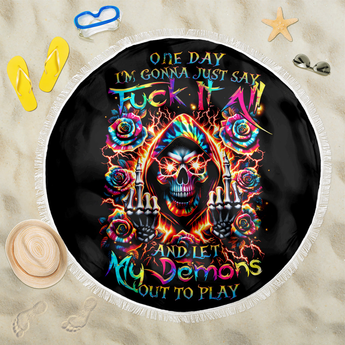 Flower Skull Beach Blanket One Day Say Fuck Itt All And Let My Demons Out - Wonder Print Shop