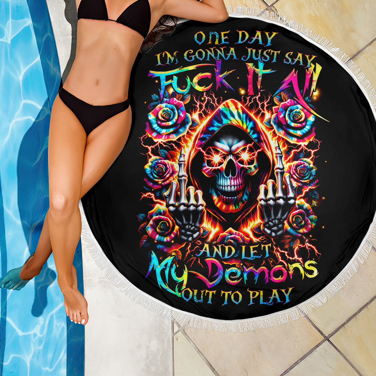 Flower Skull Beach Blanket One Day Say Fuck Itt All And Let My Demons Out - Wonder Print Shop