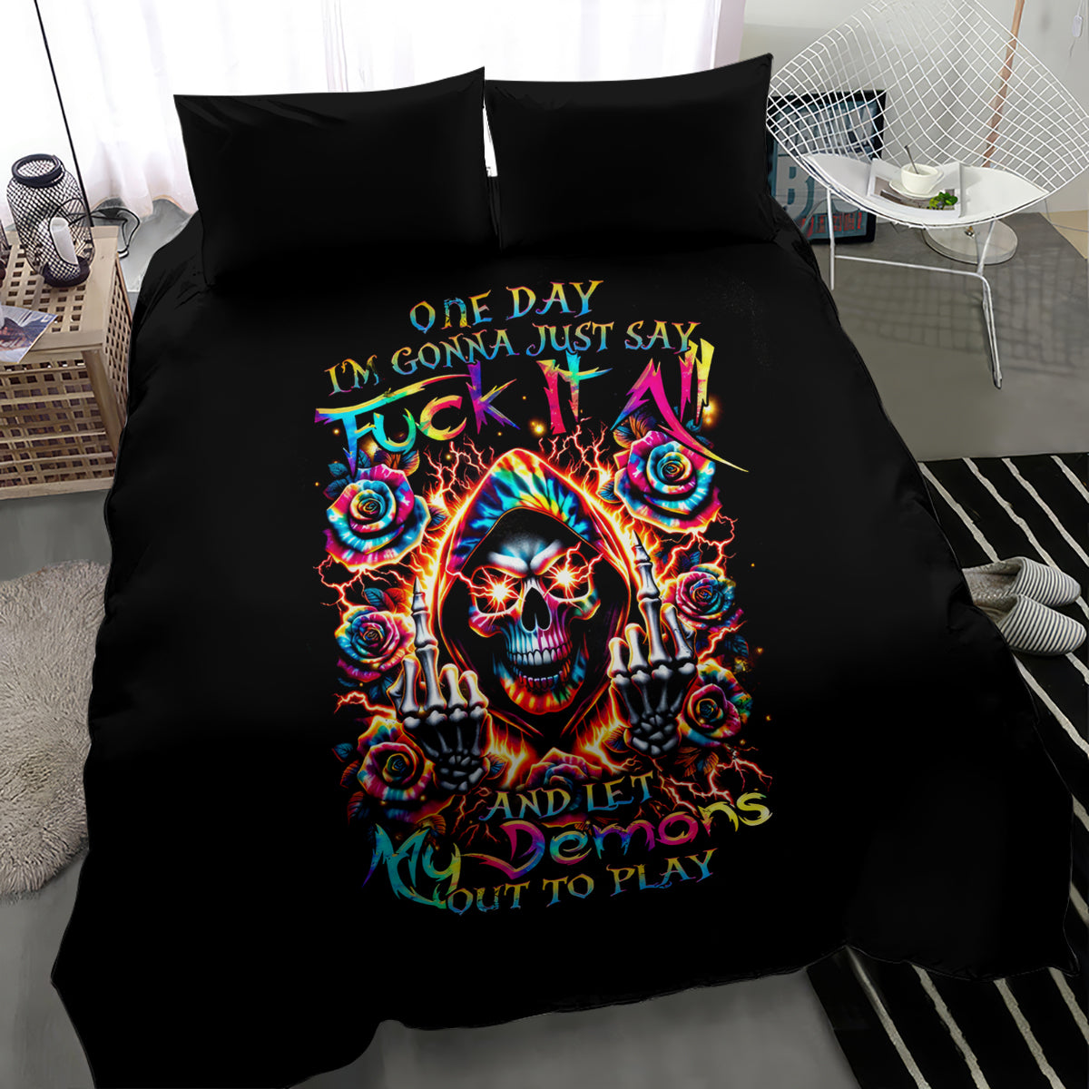 Flower Skull Bedding Set One Day Say Fuck Itt All And Let My Demons Out - Wonder Print Shop