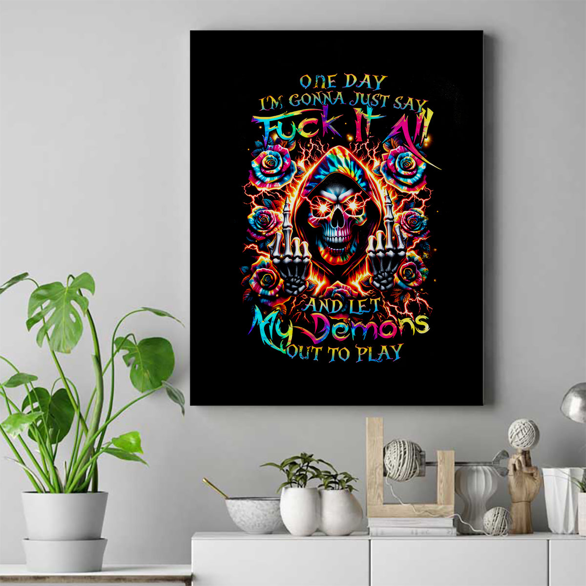 Flower Skull Canvas Wall Art One Day Say Fuck Itt All And Let My Demons Out - Wonder Print Shop