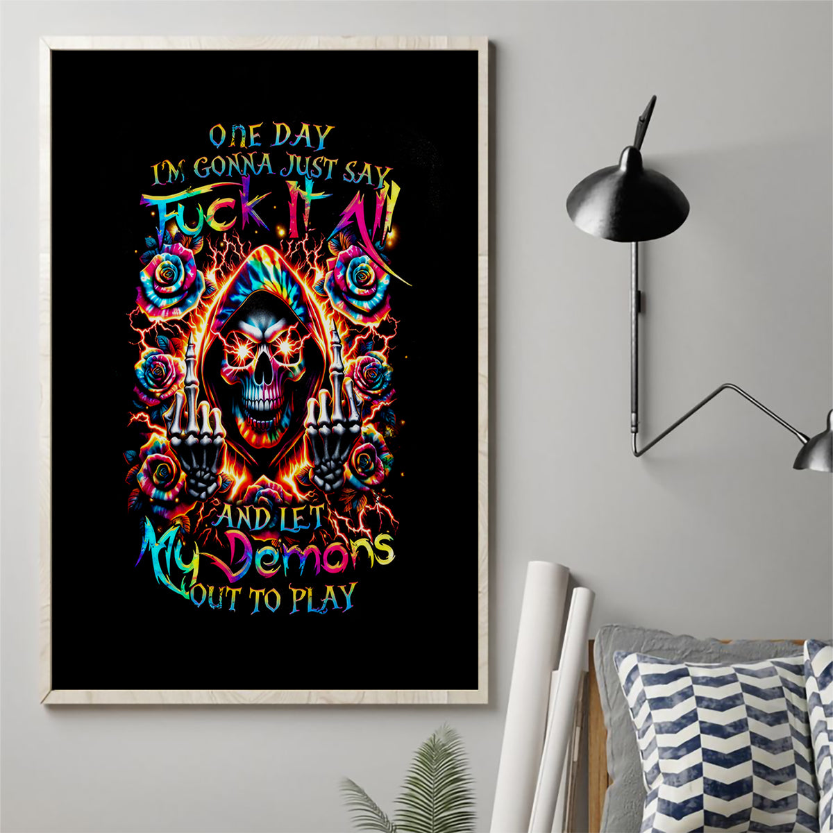 Flower Skull Canvas Wall Art One Day Say Fuck Itt All And Let My Demons Out - Wonder Print Shop