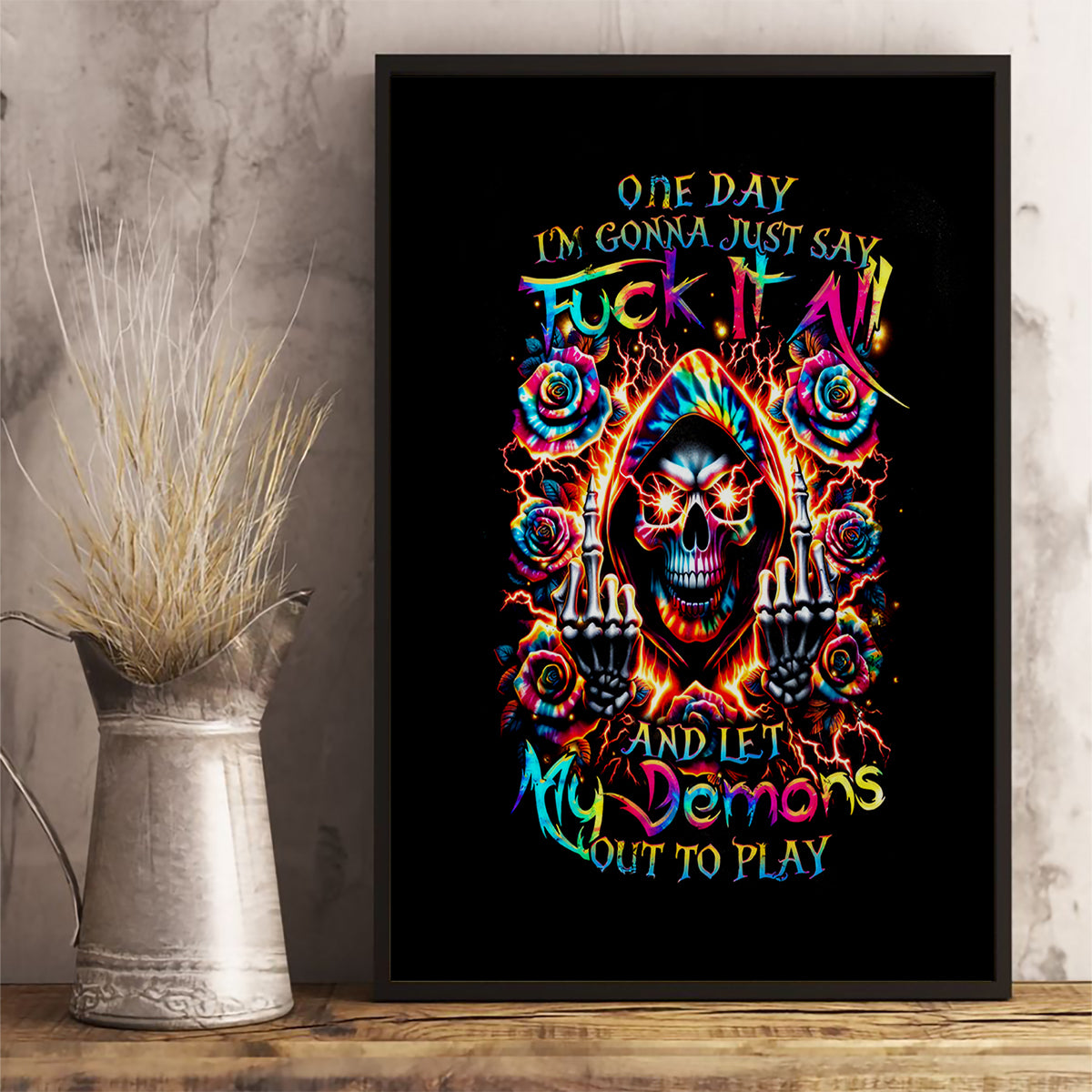Flower Skull Canvas Wall Art One Day Say Fuck Itt All And Let My Demons Out - Wonder Print Shop