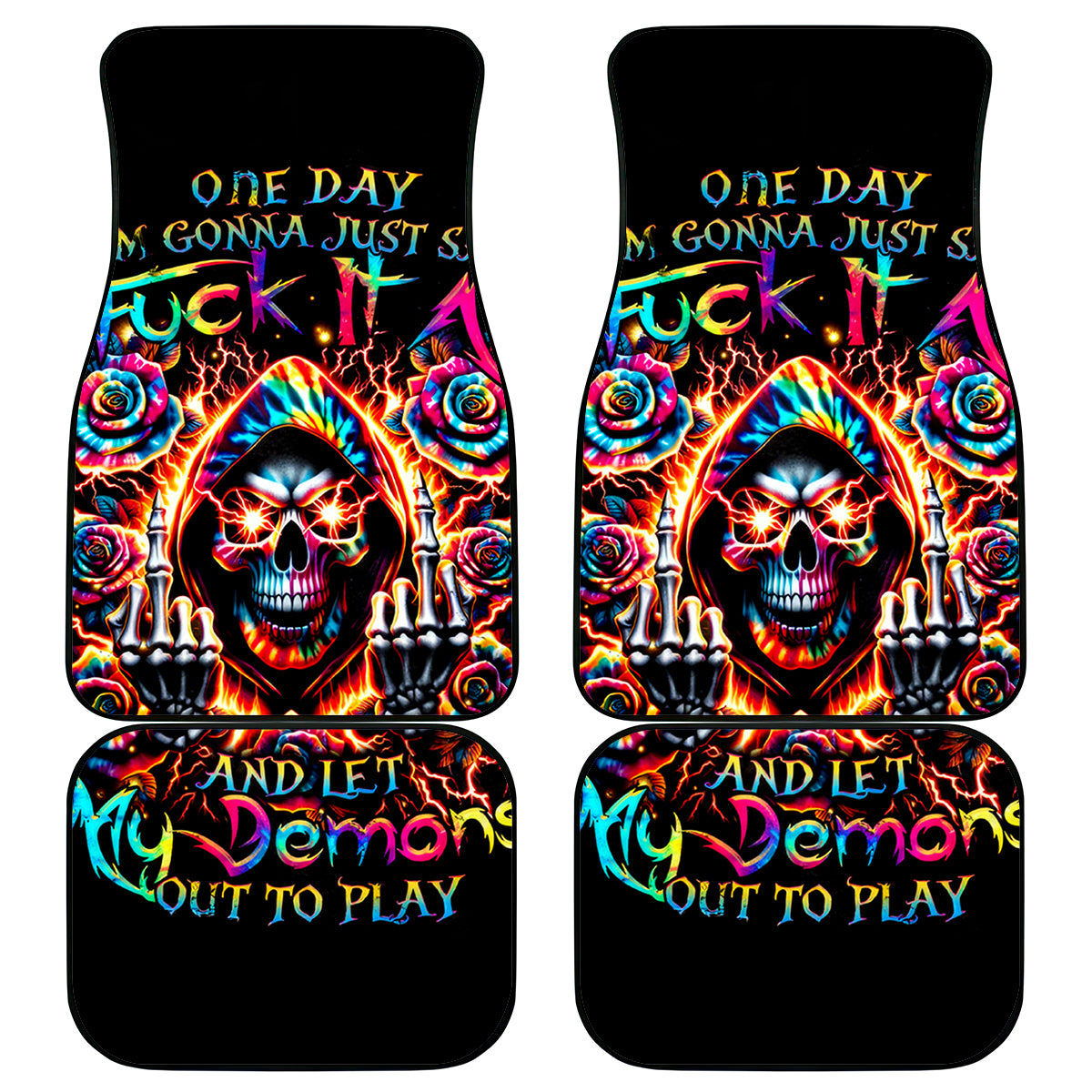 Flower Skull Car Mats One Day Say Fuck Itt All And Let My Demons Out - Wonder Print Shop