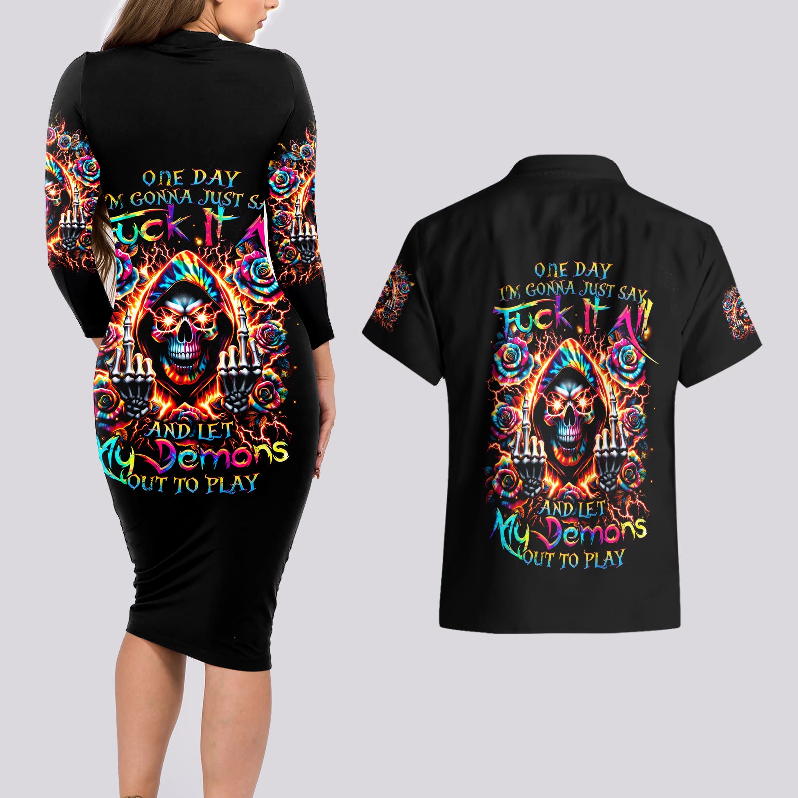 Flower Skull Couples Matching Long Sleeve Bodycon Dress and Hawaiian Shirt One Day Say Fuck Itt All And Let My Demons Out - Wonder Print Shop