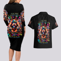 Flower Skull Couples Matching Long Sleeve Bodycon Dress and Hawaiian Shirt One Day Say Fuck Itt All And Let My Demons Out - Wonder Print Shop