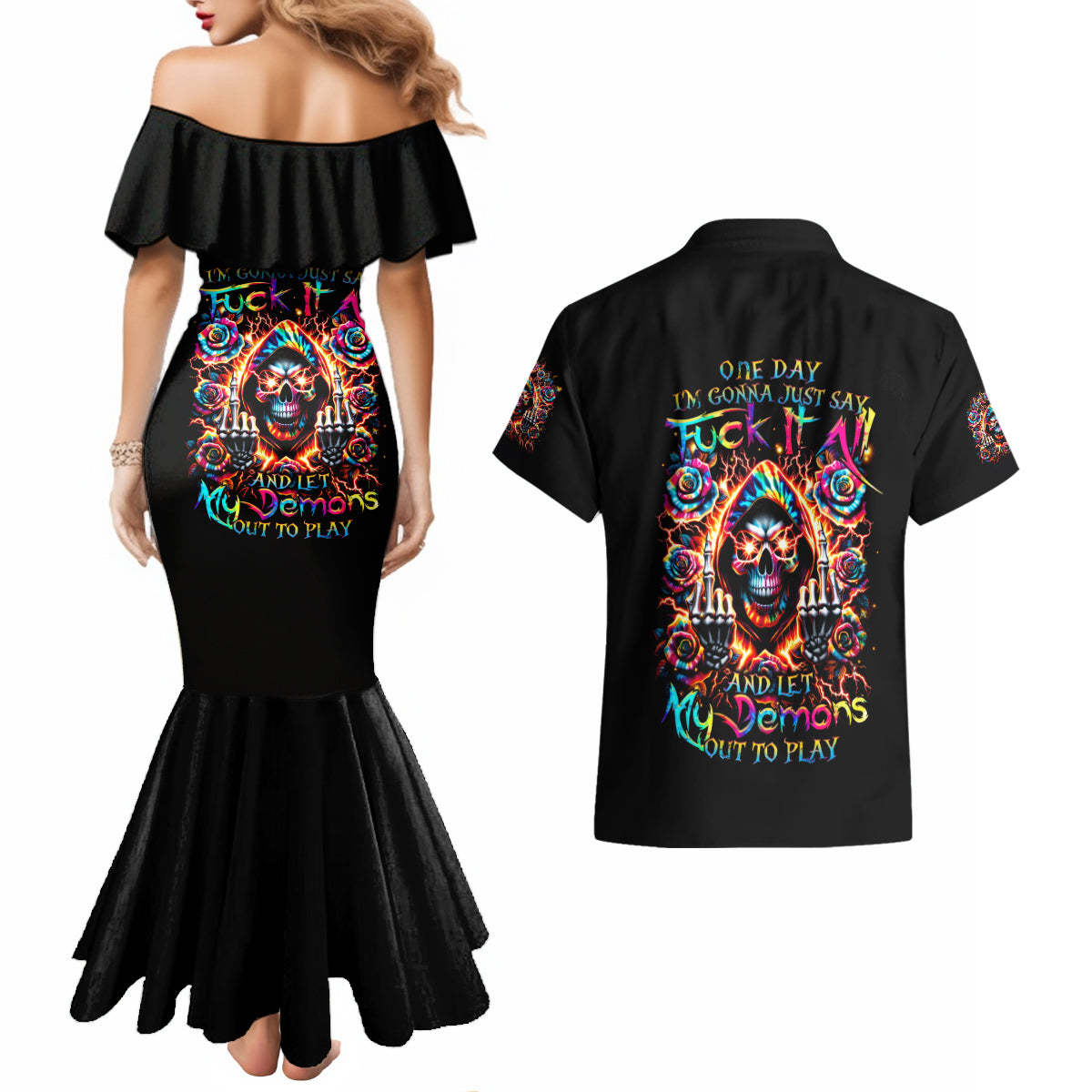 Flower Skull Couples Matching Mermaid Dress and Hawaiian Shirt One Day Say Fuck Itt All And Let My Demons Out - Wonder Print Shop