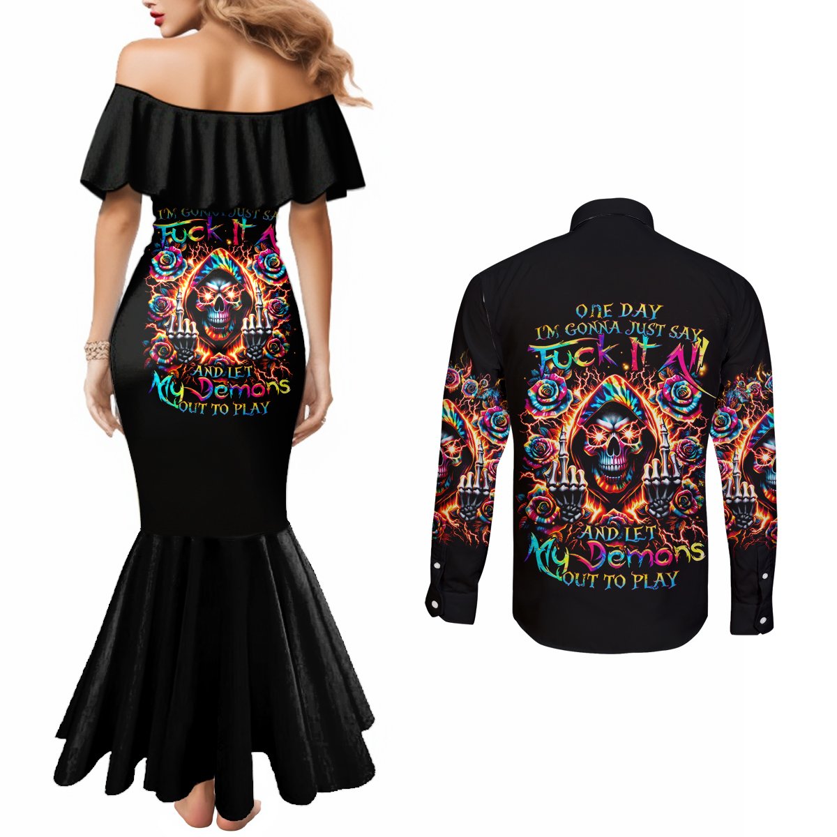 flower-skull-couples-matching-mermaid-dress-and-long-sleeve-button-shirt-one-day-say-fuck-itt-all-and-let-my-demons-out