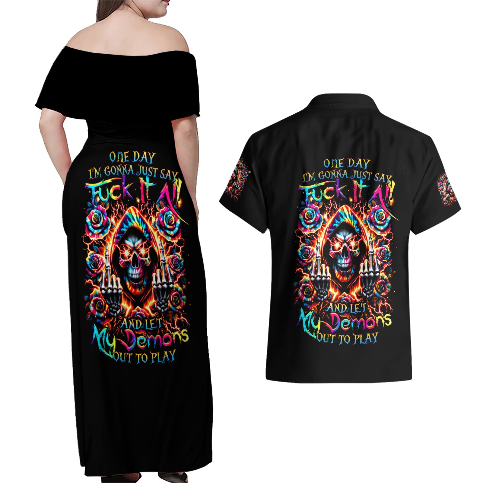 Flower Skull Couples Matching Off Shoulder Maxi Dress and Hawaiian Shirt One Day Say Fuck Itt All And Let My Demons Out - Wonder Print Shop