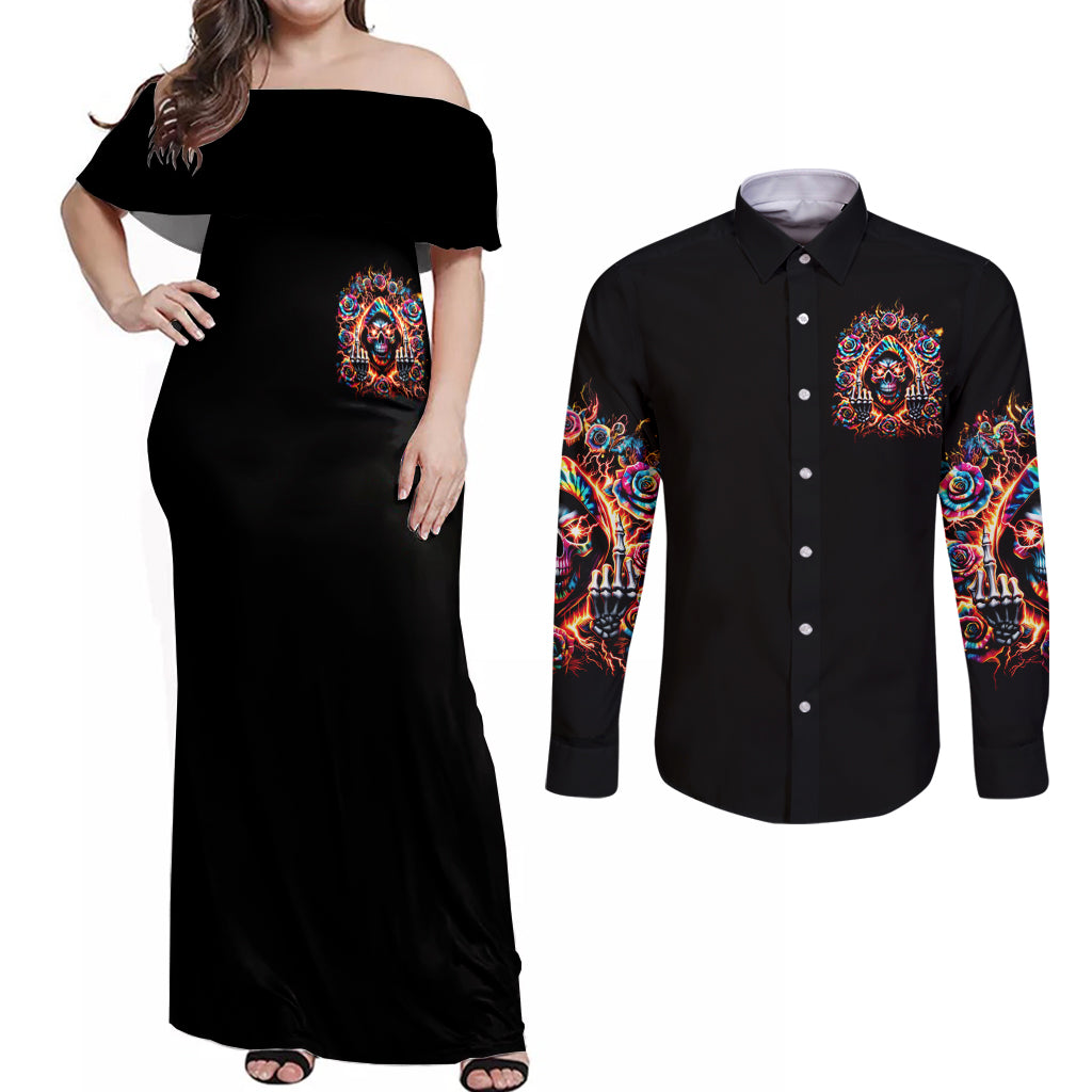 Flower Skull Couples Matching Off Shoulder Maxi Dress and Long Sleeve Button Shirt One Day Say Fuck Itt All And Let My Demons Out - Wonder Print Shop