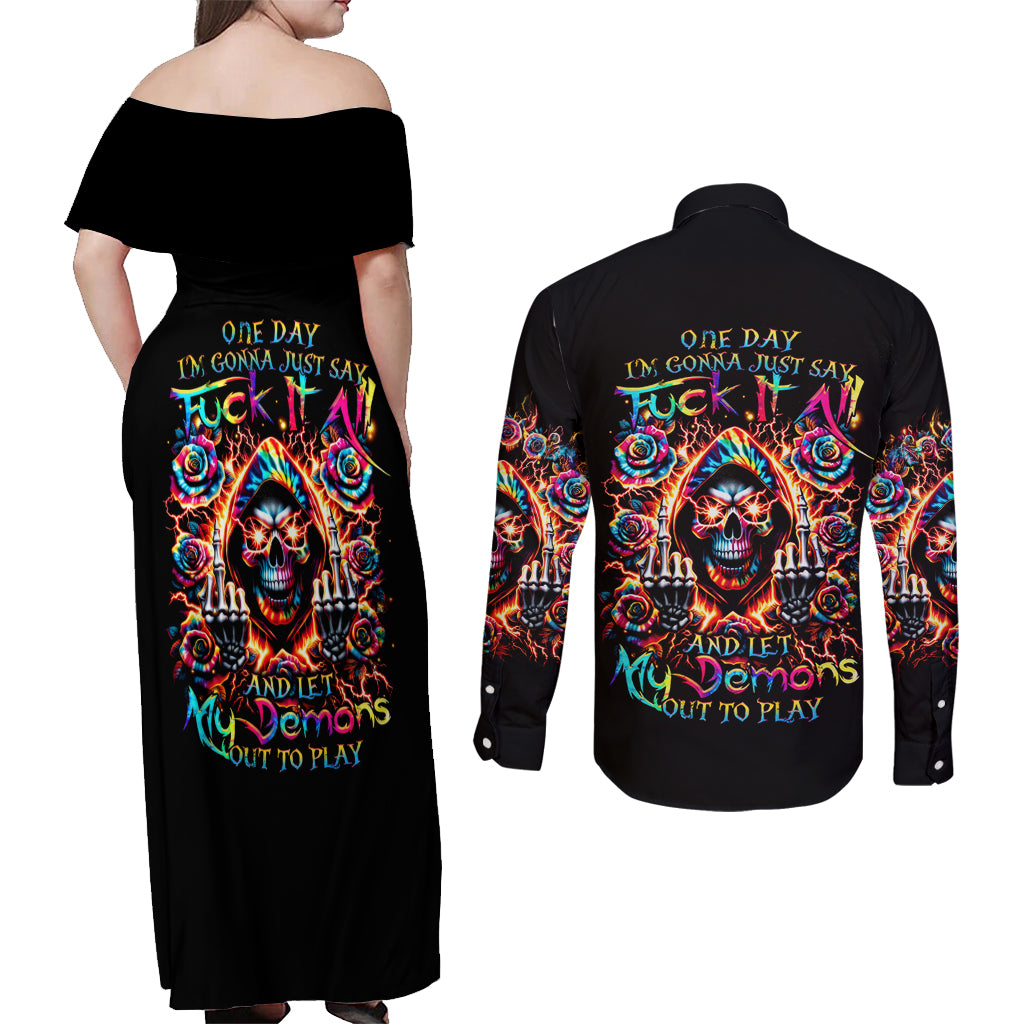 Flower Skull Couples Matching Off Shoulder Maxi Dress and Long Sleeve Button Shirt One Day Say Fuck Itt All And Let My Demons Out - Wonder Print Shop