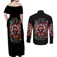 Flower Skull Couples Matching Off Shoulder Maxi Dress and Long Sleeve Button Shirt One Day Say Fuck Itt All And Let My Demons Out - Wonder Print Shop