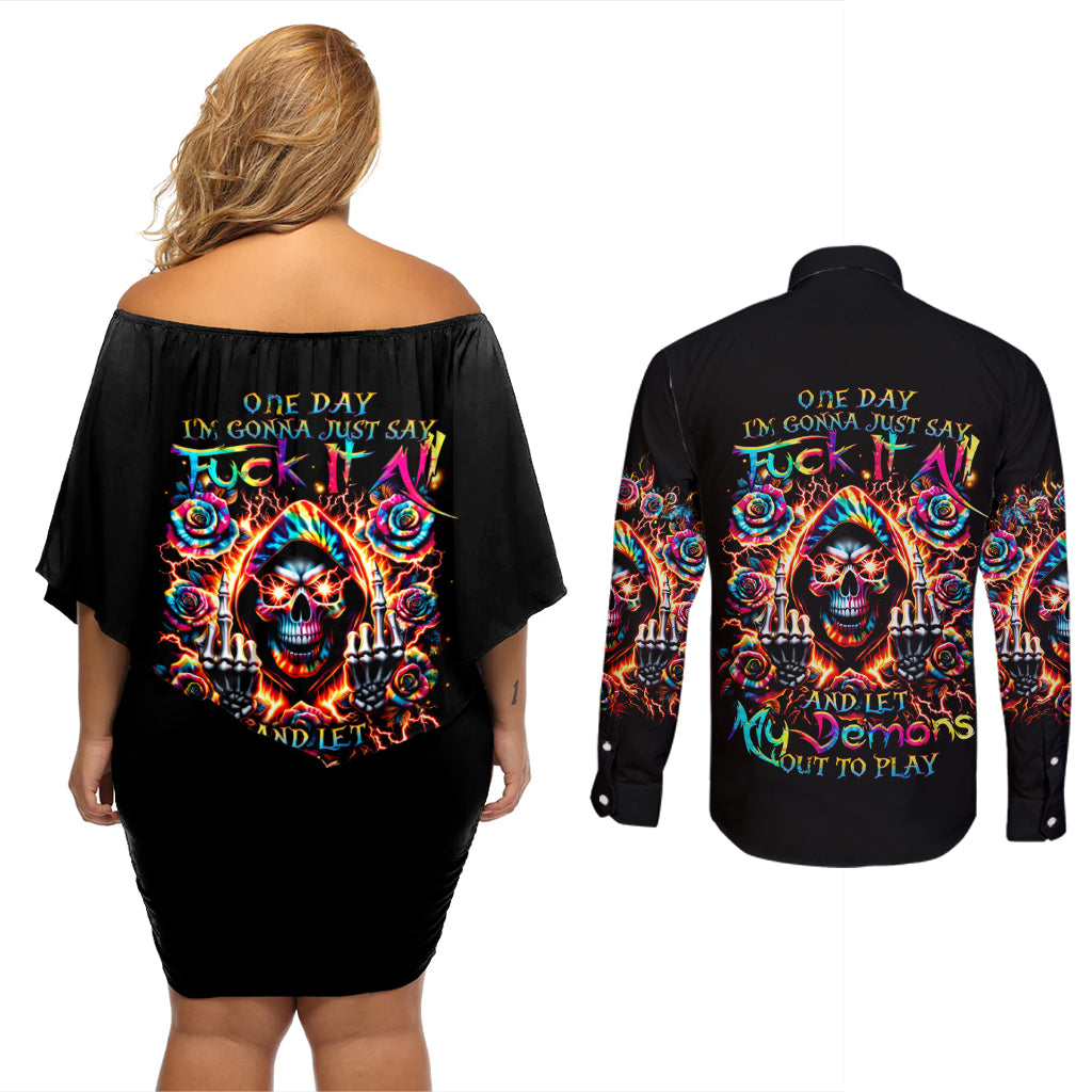 Flower Skull Couples Matching Off Shoulder Short Dress and Long Sleeve Button Shirt One Day Say Fuck Itt All And Let My Demons Out - Wonder Print Shop