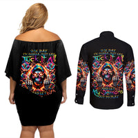 Flower Skull Couples Matching Off Shoulder Short Dress and Long Sleeve Button Shirt One Day Say Fuck Itt All And Let My Demons Out - Wonder Print Shop