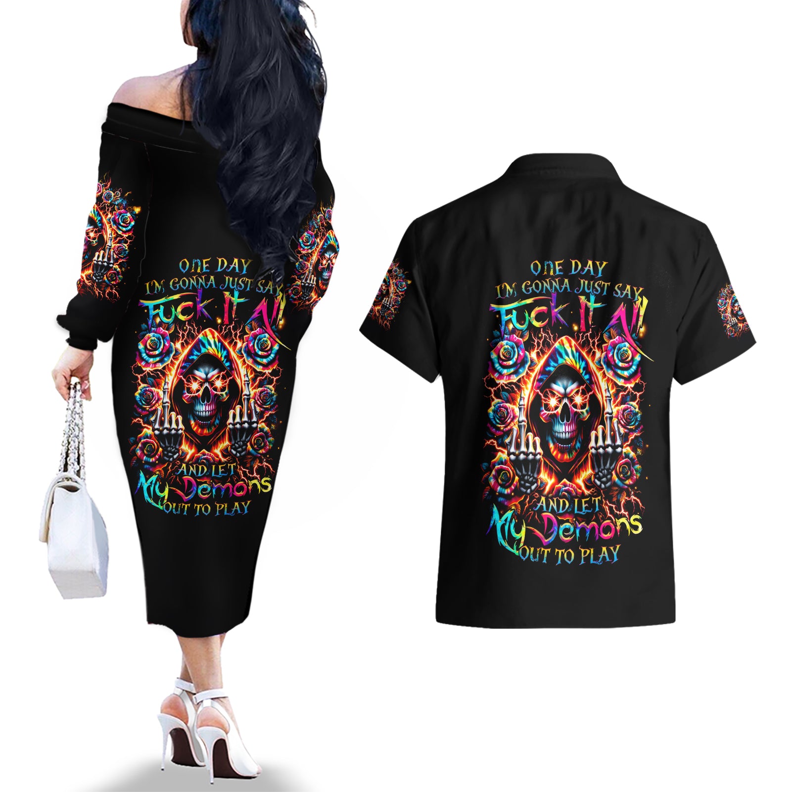 Flower Skull Couples Matching Off The Shoulder Long Sleeve Dress and Hawaiian Shirt One Day Say Fuck Itt All And Let My Demons Out - Wonder Print Shop