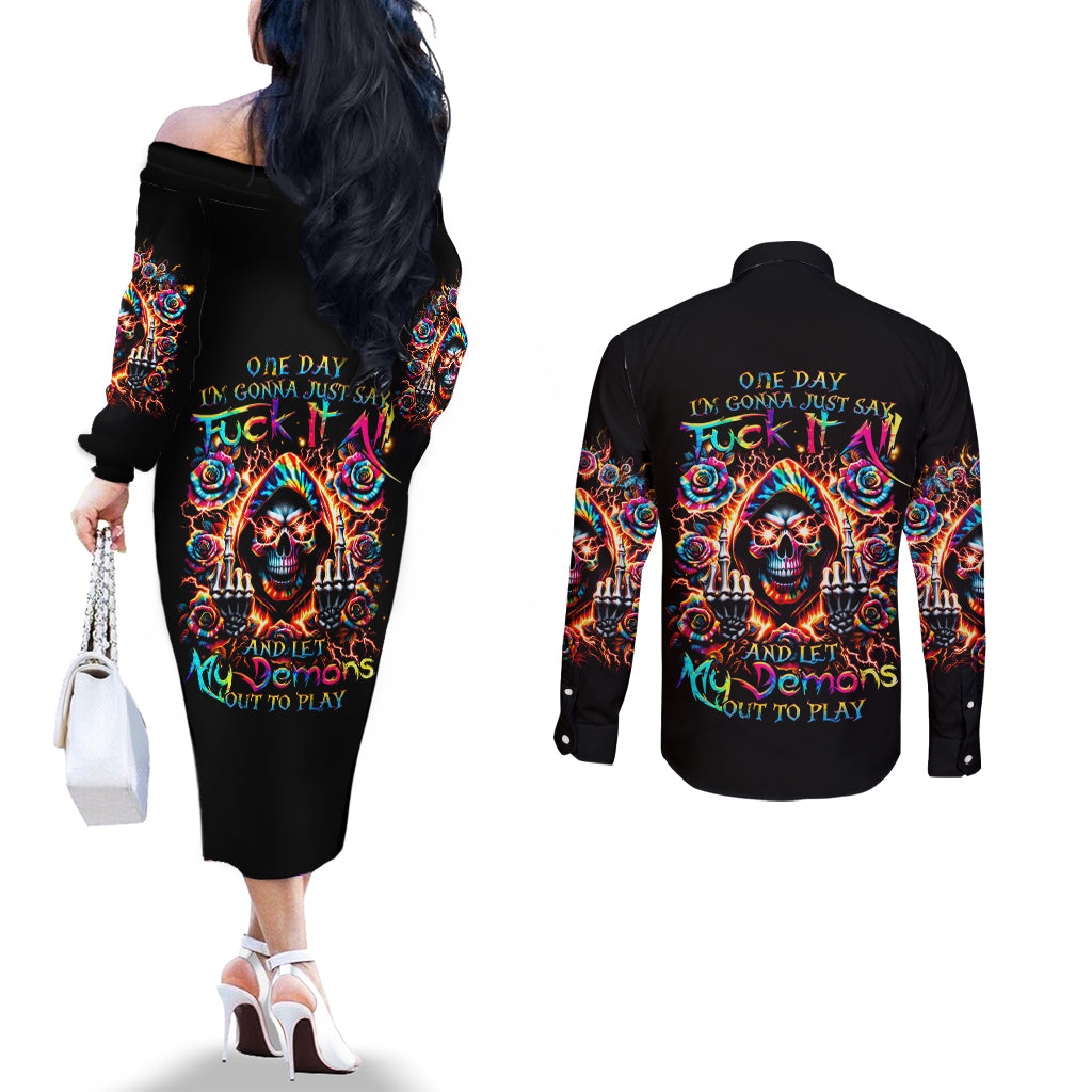 flower-skull-couples-matching-off-the-shoulder-long-sleeve-dress-and-long-sleeve-button-shirt-one-day-say-fuck-itt-all-and-let-my-demons-out