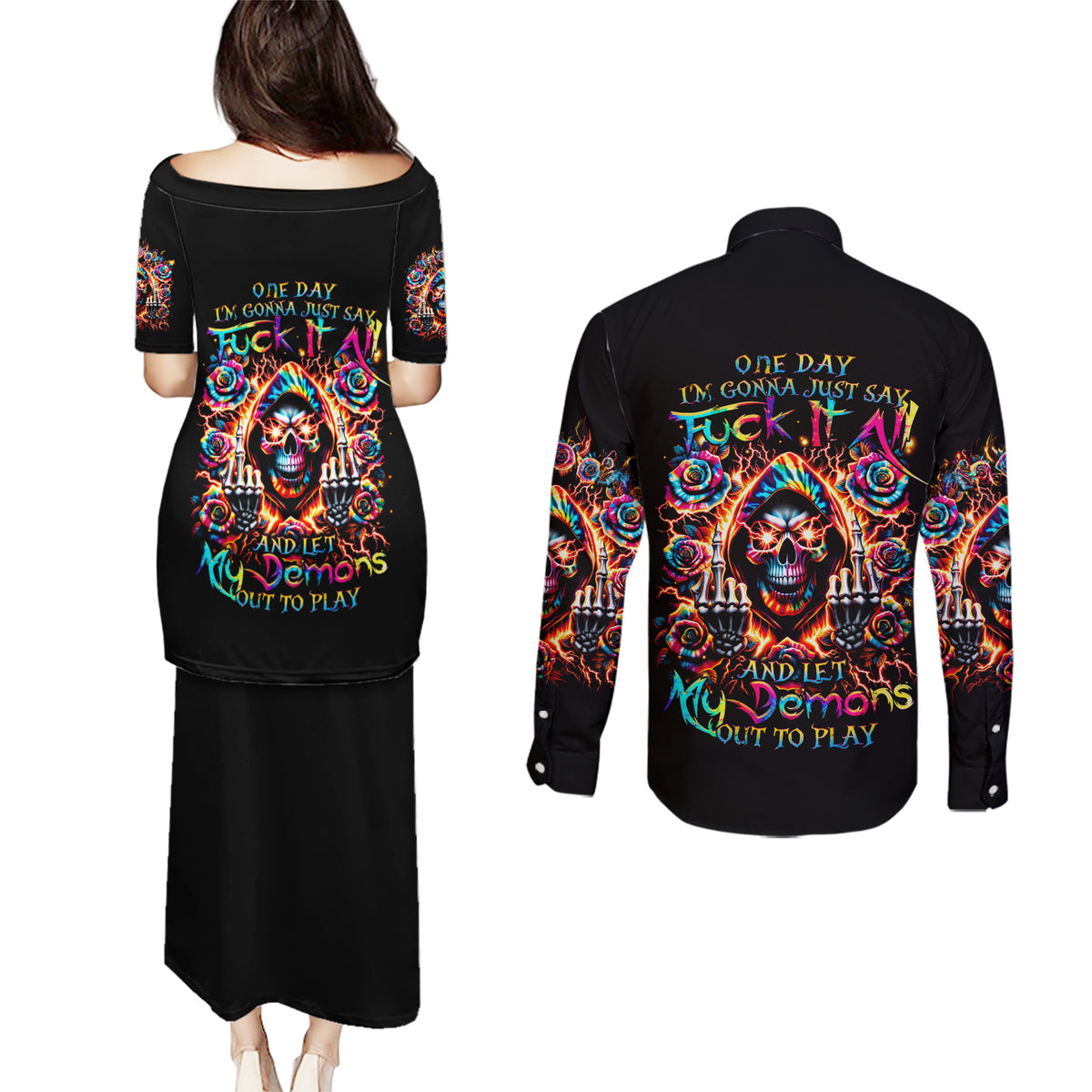 Flower Skull Couples Matching Puletasi Dress and Long Sleeve Button Shirt One Day Say Fuck Itt All And Let My Demons Out - Wonder Print Shop