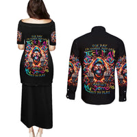 Flower Skull Couples Matching Puletasi Dress and Long Sleeve Button Shirt One Day Say Fuck Itt All And Let My Demons Out - Wonder Print Shop