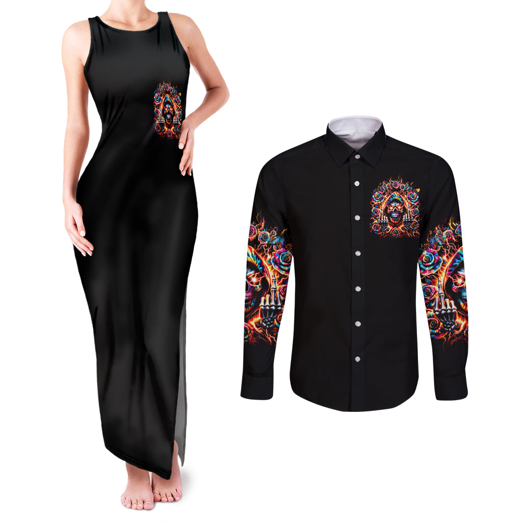 Flower Skull Couples Matching Tank Maxi Dress and Long Sleeve Button Shirt One Day Say Fuck Itt All And Let My Demons Out - Wonder Print Shop