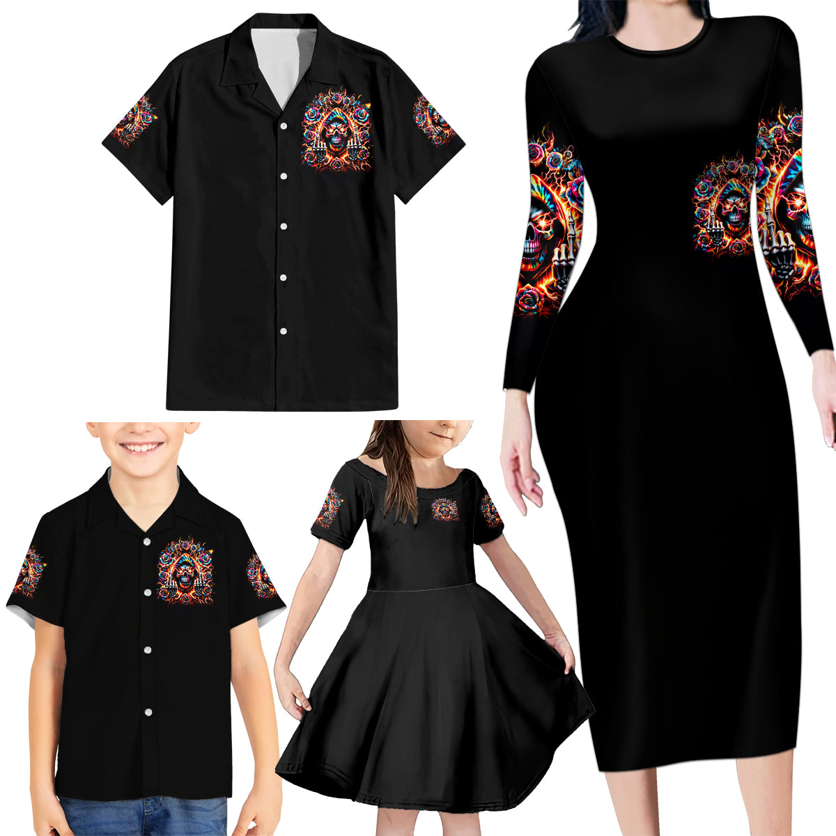Flower Skull Family Matching Long Sleeve Bodycon Dress and Hawaiian Shirt One Day Say Fuck Itt All And Let My Demons Out - Wonder Print Shop
