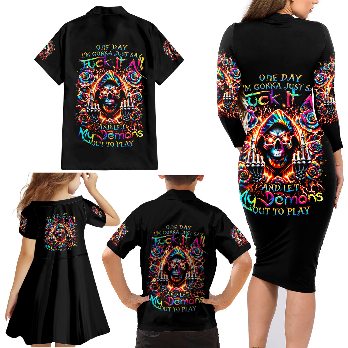 Flower Skull Family Matching Long Sleeve Bodycon Dress and Hawaiian Shirt One Day Say Fuck Itt All And Let My Demons Out - Wonder Print Shop