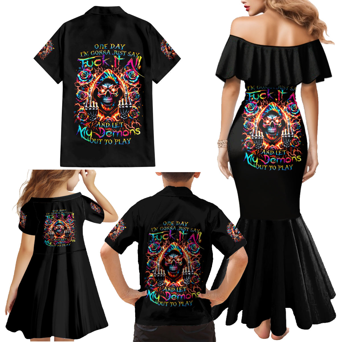 Flower Skull Family Matching Mermaid Dress and Hawaiian Shirt One Day Say Fuck Itt All And Let My Demons Out - Wonder Print Shop