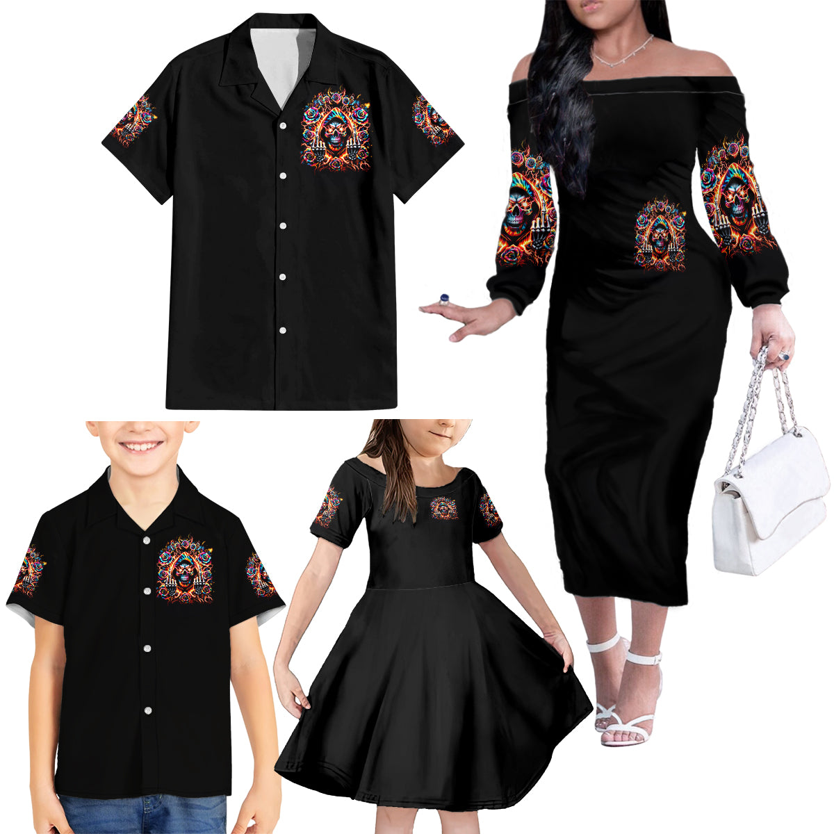 Flower Skull Family Matching Off Shoulder Long Sleeve Dress and Hawaiian Shirt One Day Say Fuck Itt All And Let My Demons Out - Wonder Print Shop