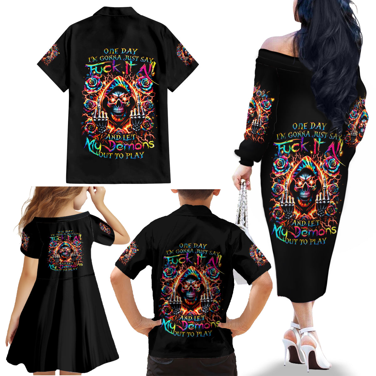 Flower Skull Family Matching Off Shoulder Long Sleeve Dress and Hawaiian Shirt One Day Say Fuck Itt All And Let My Demons Out - Wonder Print Shop