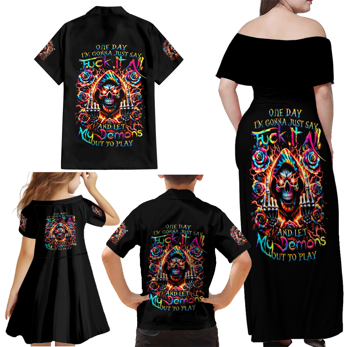 Flower Skull Family Matching Off Shoulder Maxi Dress and Hawaiian Shirt One Day Say Fuck Itt All And Let My Demons Out - Wonder Print Shop