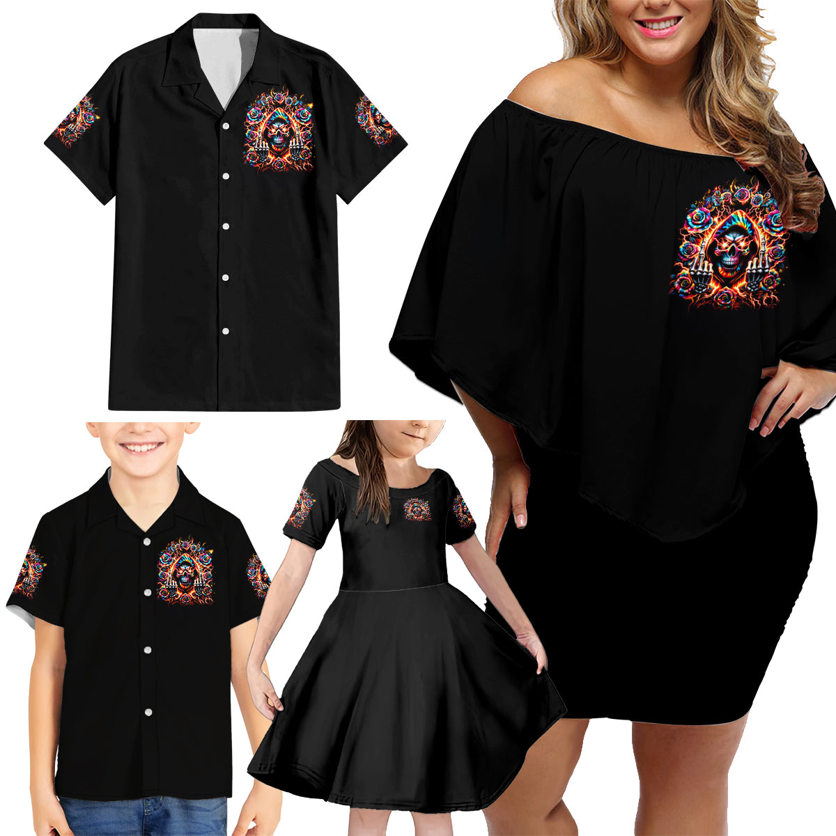 Flower Skull Family Matching Off Shoulder Short Dress and Hawaiian Shirt One Day Say Fuck Itt All And Let My Demons Out - Wonder Print Shop