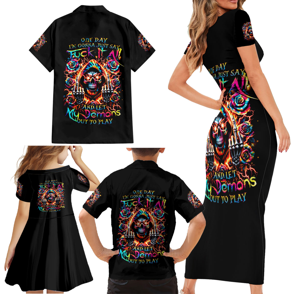 Flower Skull Family Matching Short Sleeve Bodycon Dress and Hawaiian Shirt One Day Say Fuck Itt All And Let My Demons Out - Wonder Print Shop