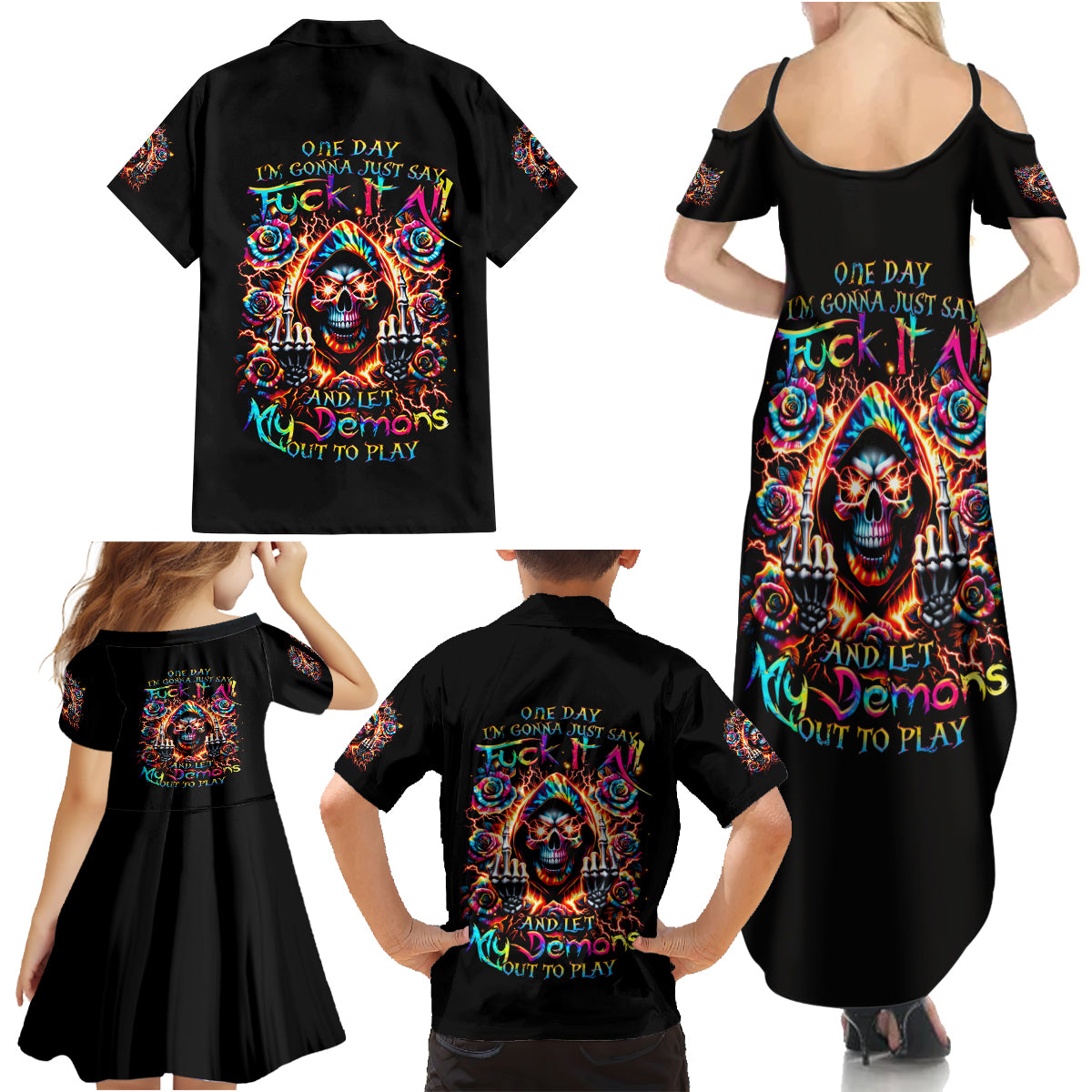 Flower Skull Family Matching Summer Maxi Dress and Hawaiian Shirt One Day Say Fuck Itt All And Let My Demons Out - Wonder Print Shop