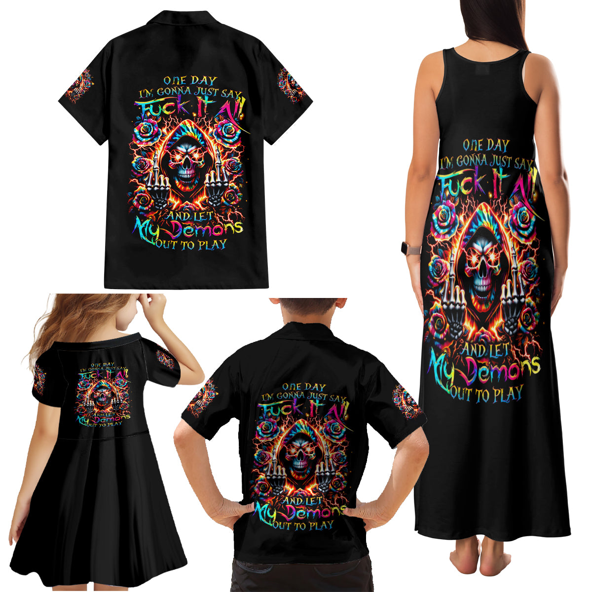Flower Skull Family Matching Tank Maxi Dress and Hawaiian Shirt One Day Say Fuck Itt All And Let My Demons Out - Wonder Print Shop