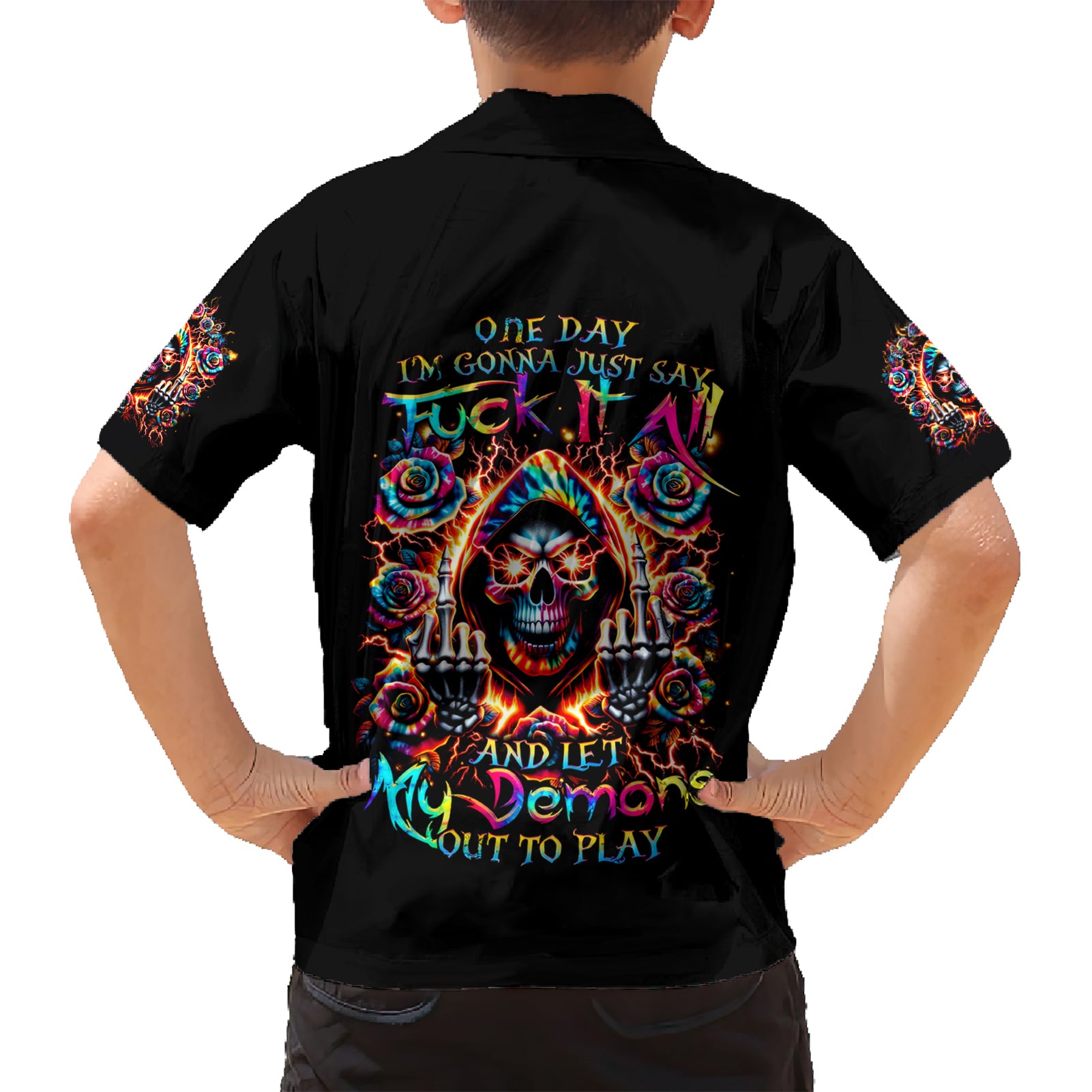 Flower Skull Kid Hawaiian Shirt One Day Say Fuck Itt All And Let My Demons Out - Wonder Print Shop