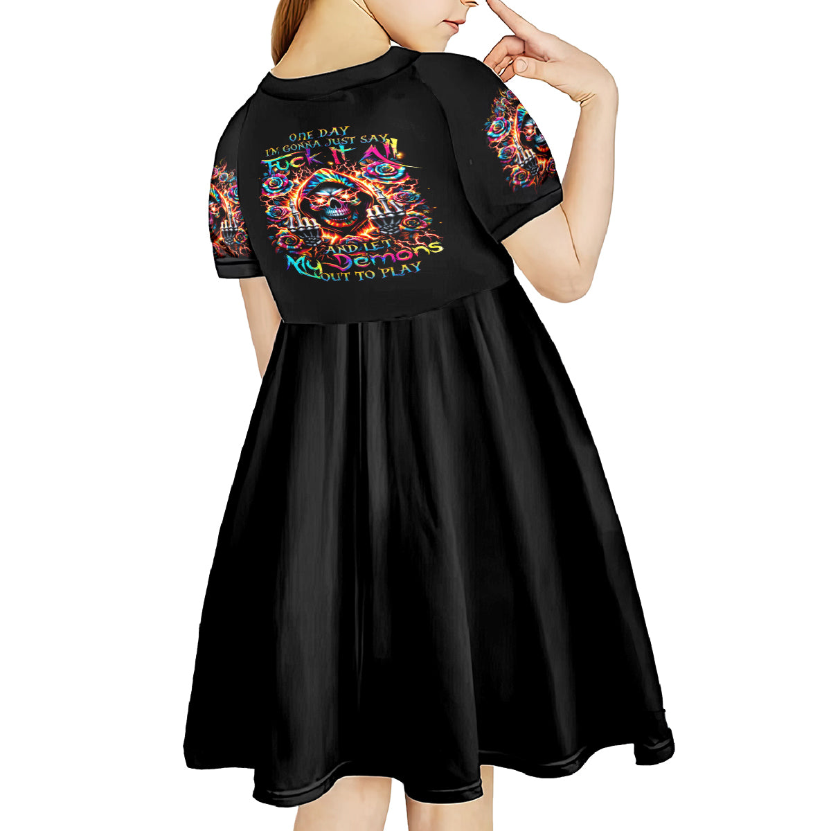 Flower Skull Kid Short Sleeve Dress One Day Say Fuck Itt All And Let My Demons Out - Wonder Print Shop