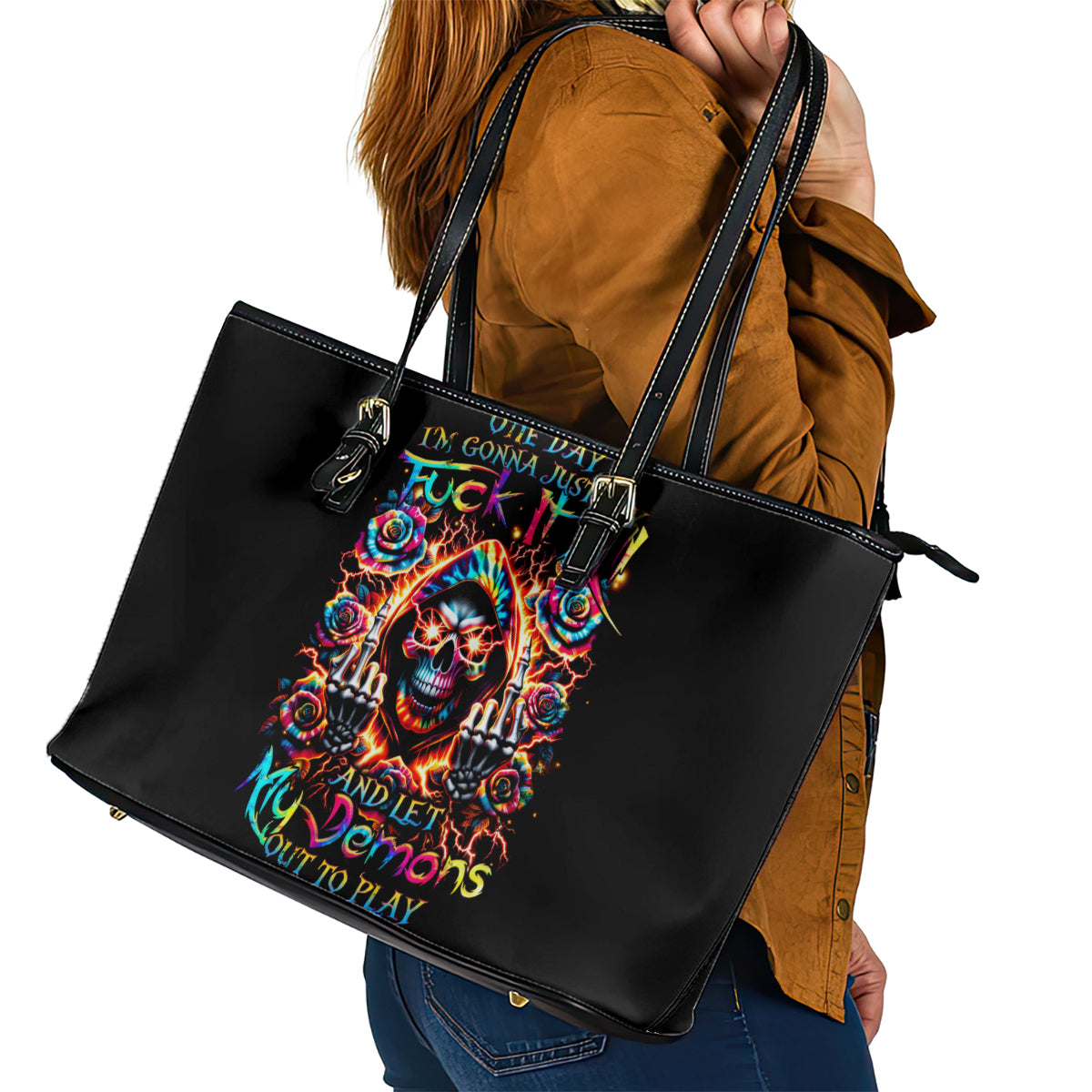 Flower Skull Leather Tote Bag One Day Say Fuck Itt All And Let My Demons Out - Wonder Print Shop