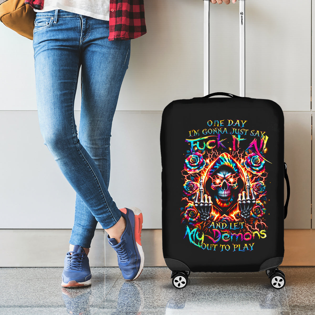 Flower Skull Luggage Cover One Day Say Fuck Itt All And Let My Demons Out - Wonder Print Shop