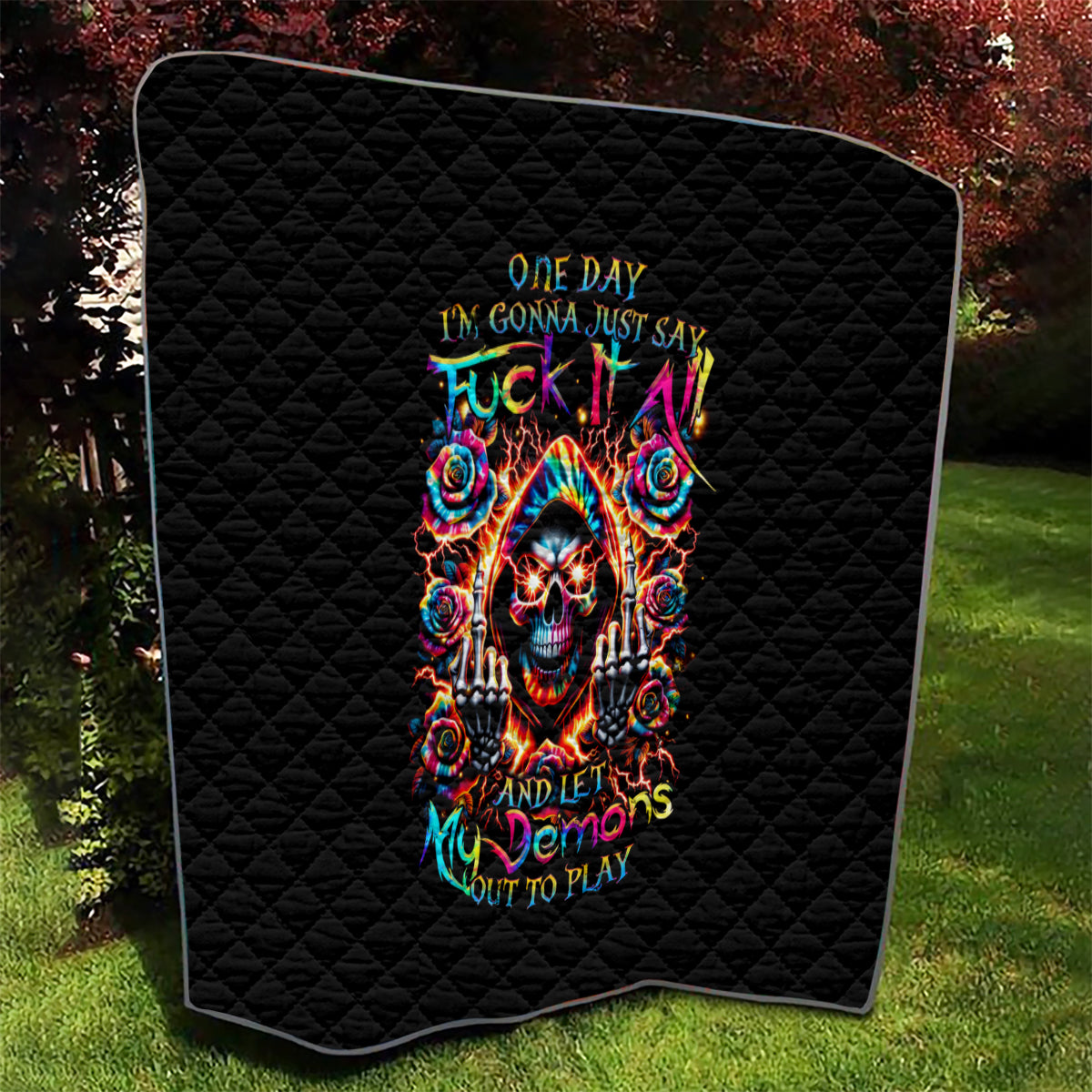 Flower Skull Quilt One Day Say Fuck Itt All And Let My Demons Out - Wonder Print Shop
