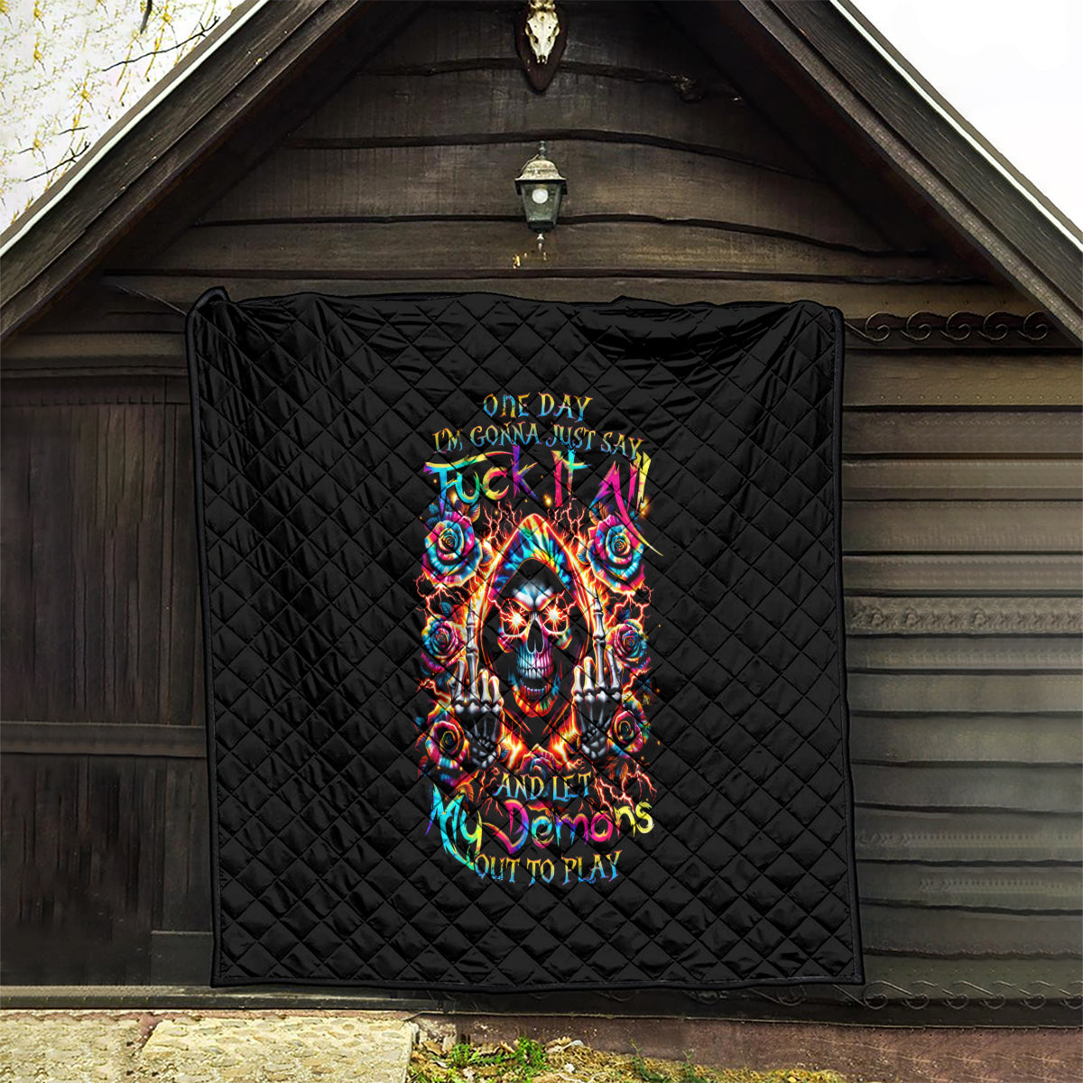 Flower Skull Quilt One Day Say Fuck Itt All And Let My Demons Out - Wonder Print Shop