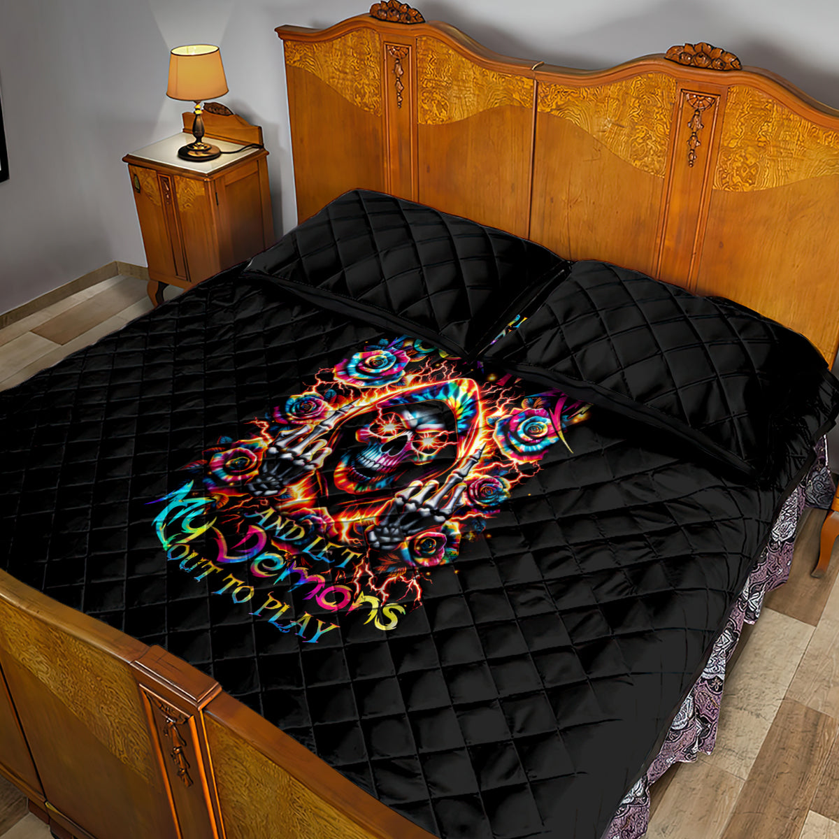 Flower Skull Quilt Bed Set One Day Say Fuck Itt All And Let My Demons Out - Wonder Print Shop